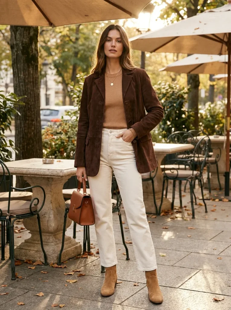 Camel Sweater White Jeans