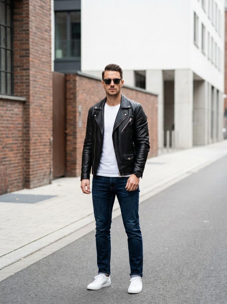 Create a high-quality Pinterest vertical image (2:3 ratio, 1000×1500 px). A stylish man wearing a classic black leather jacket layered over a plain white T-shirt, slim-fit dark blue jeans, and clean white sneakers. He is standing confidently on a modern city street with soft natural daylight and an urban background featuring brick walls and minimal architecture. The outfit looks effortless, masculine, and timeless with a neutral color palette. Include subtle accessories like a black watch and sunglasses. Leave clean negative space at the top for text.