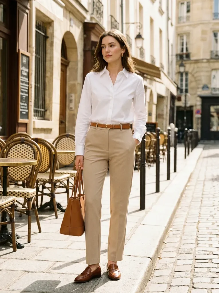 White Shirt Beige Trousers