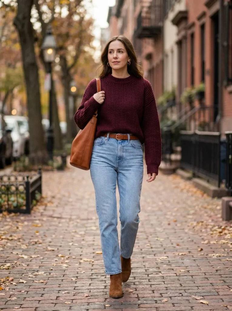 Burgundy Sweater Light Jeans