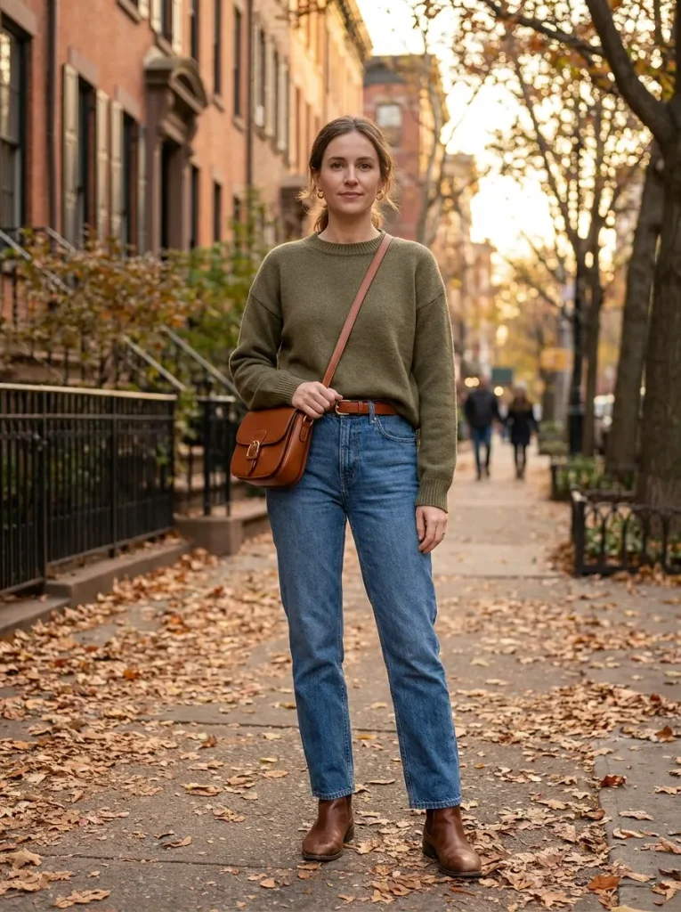 Olive Sweater Blue Jeans