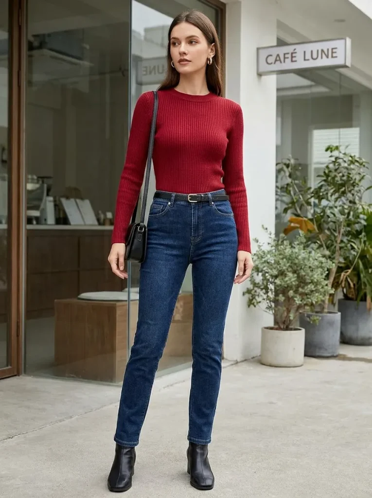 Red Sweater Slim Jeans