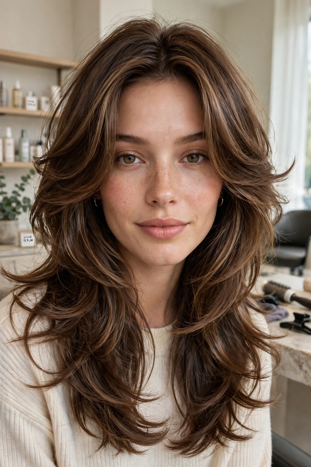 Glossy butterfly layers hairstyle