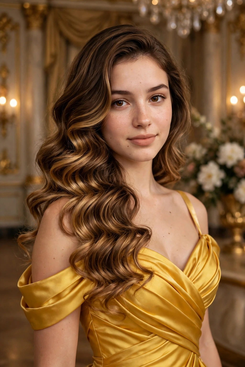 Golden ballroom waves on long brown hair with a yellow gown