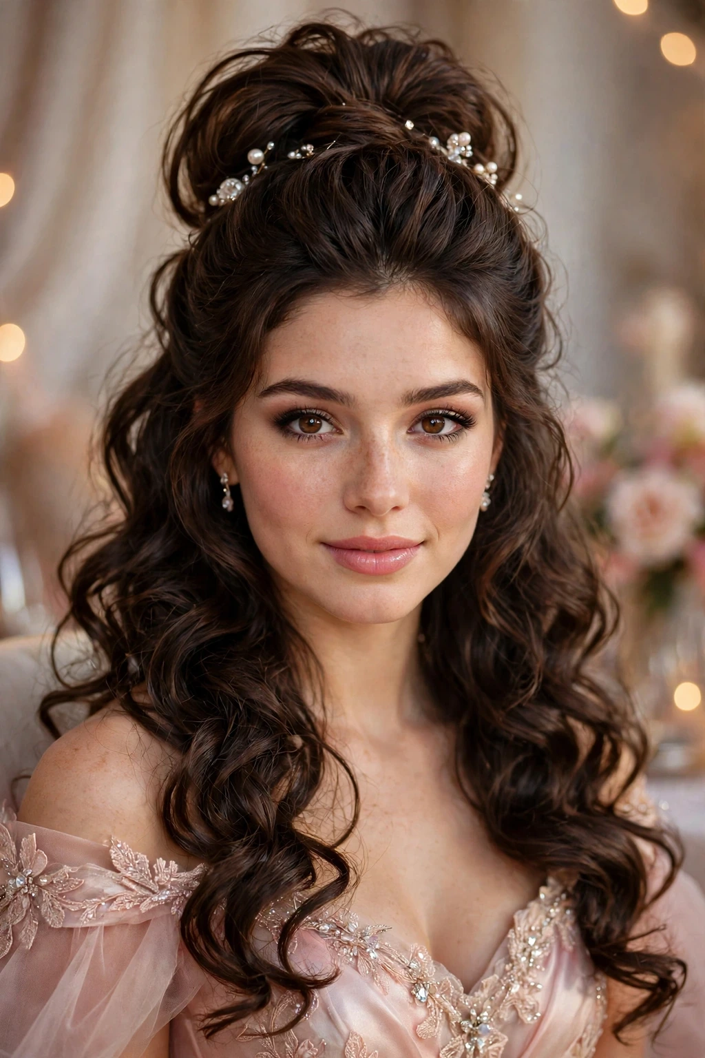 Voluminous half up curls with a lifted crown