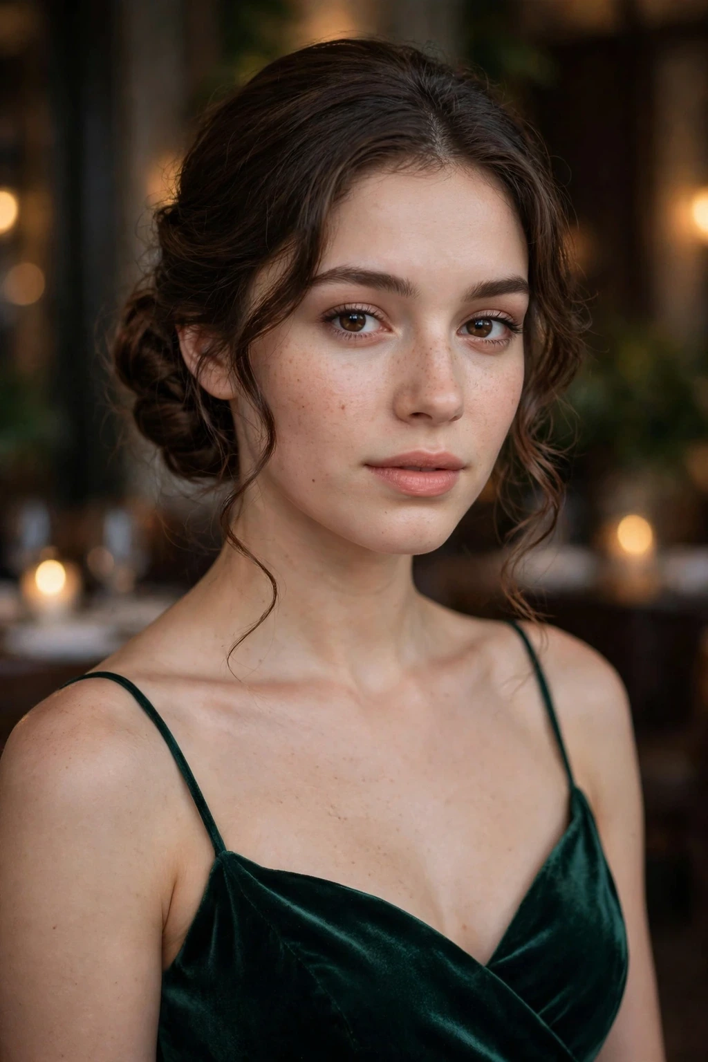 Romantic low chignon bun with soft side tendrils