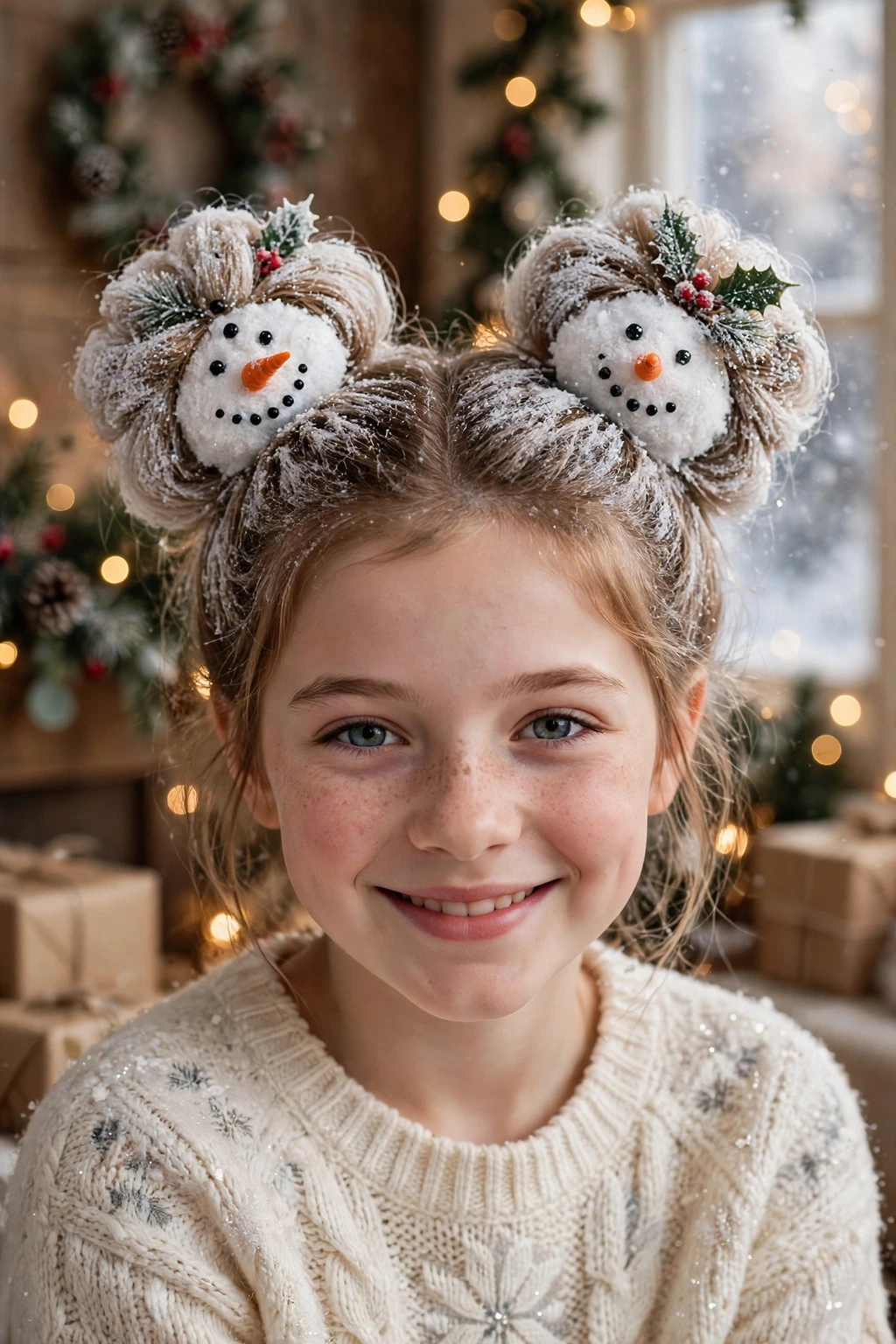 Frosty snowman buns hairstyle for girls