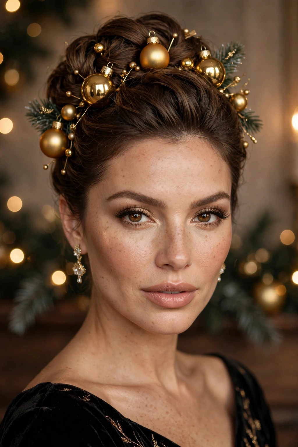 Updo with golden ornament baubles