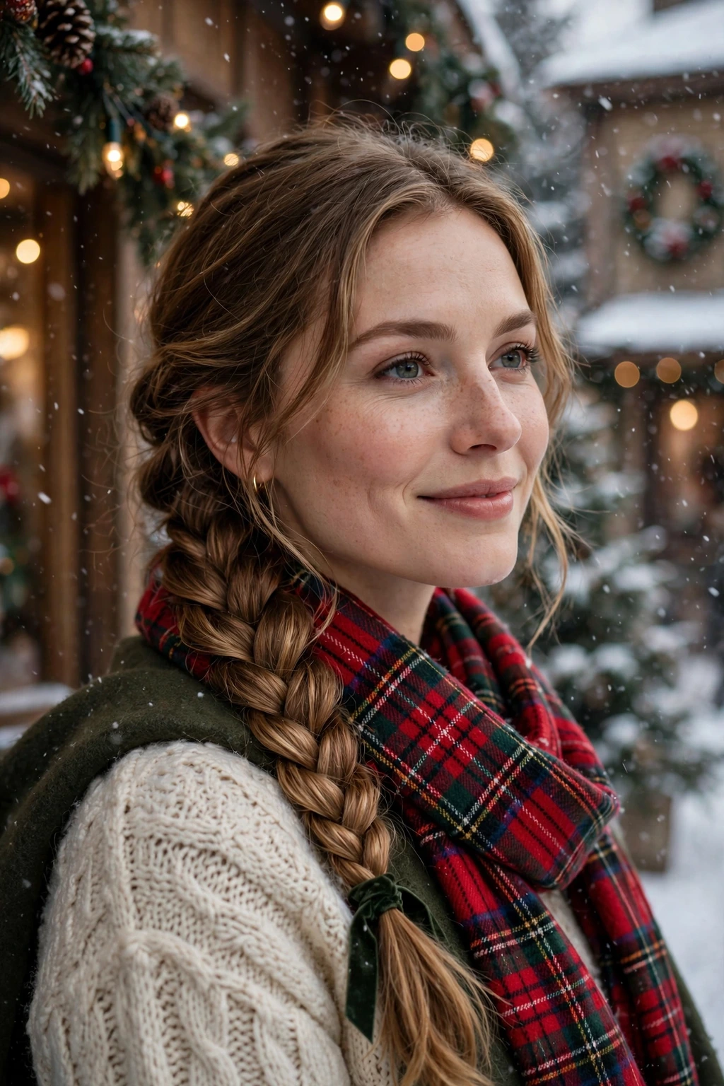 Side braid with plaid scarf