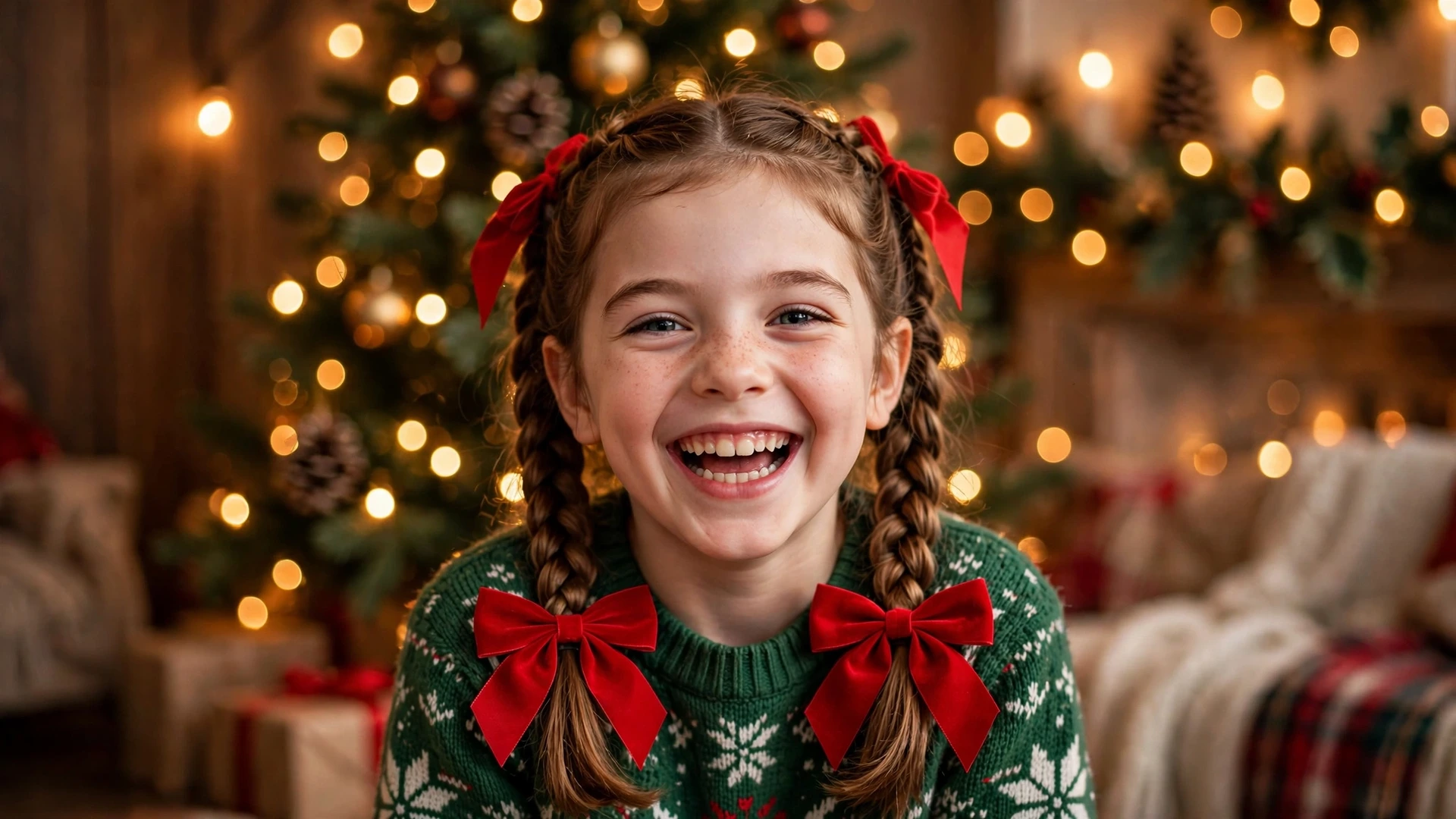 Child with festive Christmas hairstyle and red bows