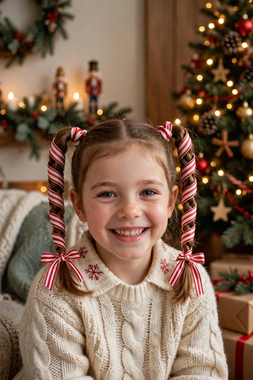 Child with candy cane spiral pigtails