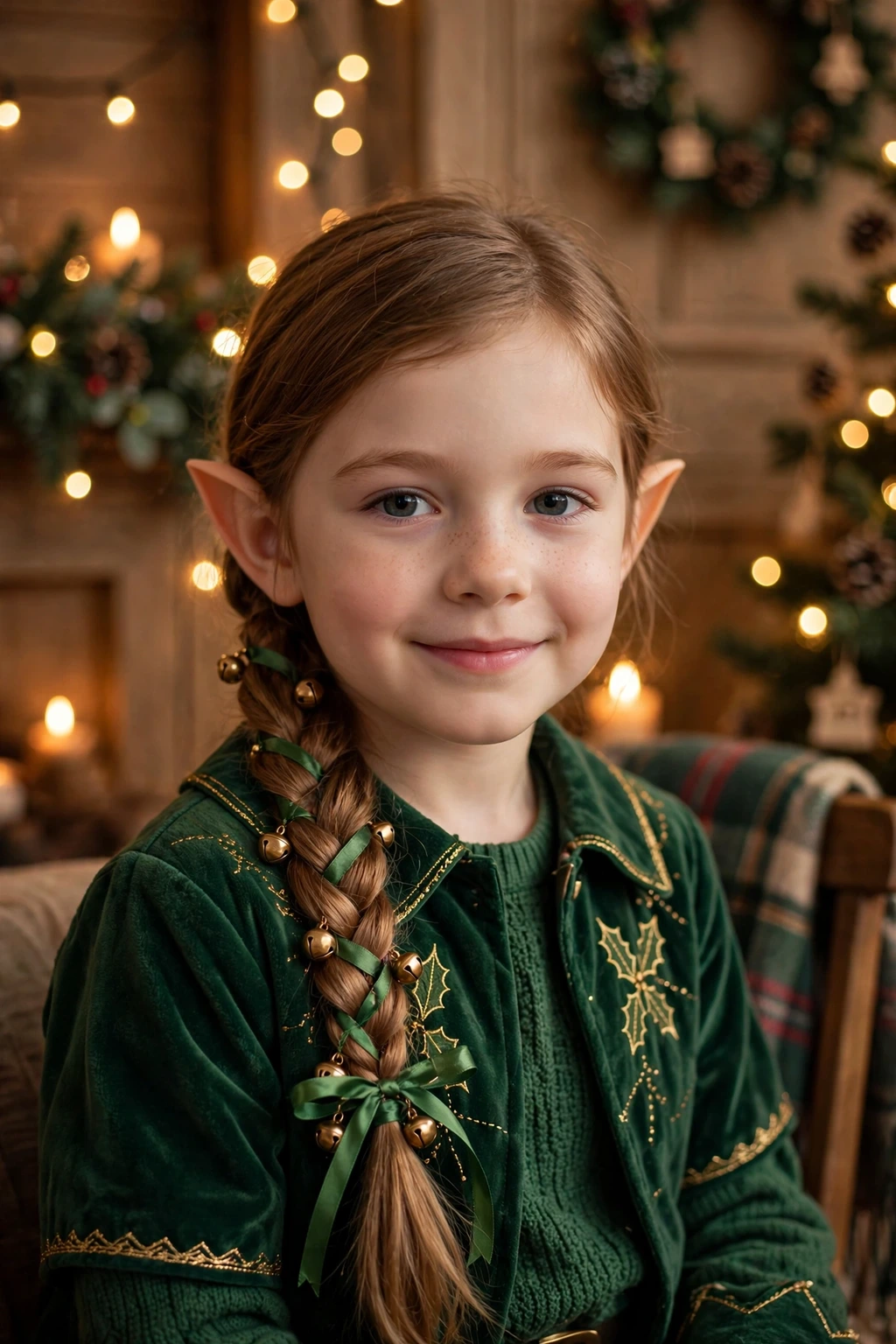 Child with elf braid and jingle bells