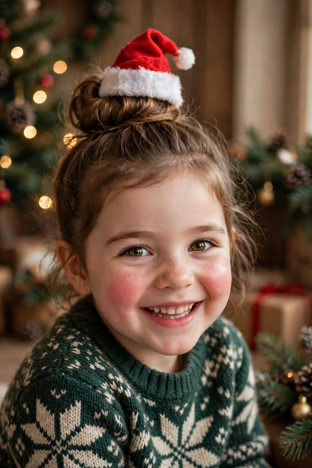 Child with bun under mini Santa hat