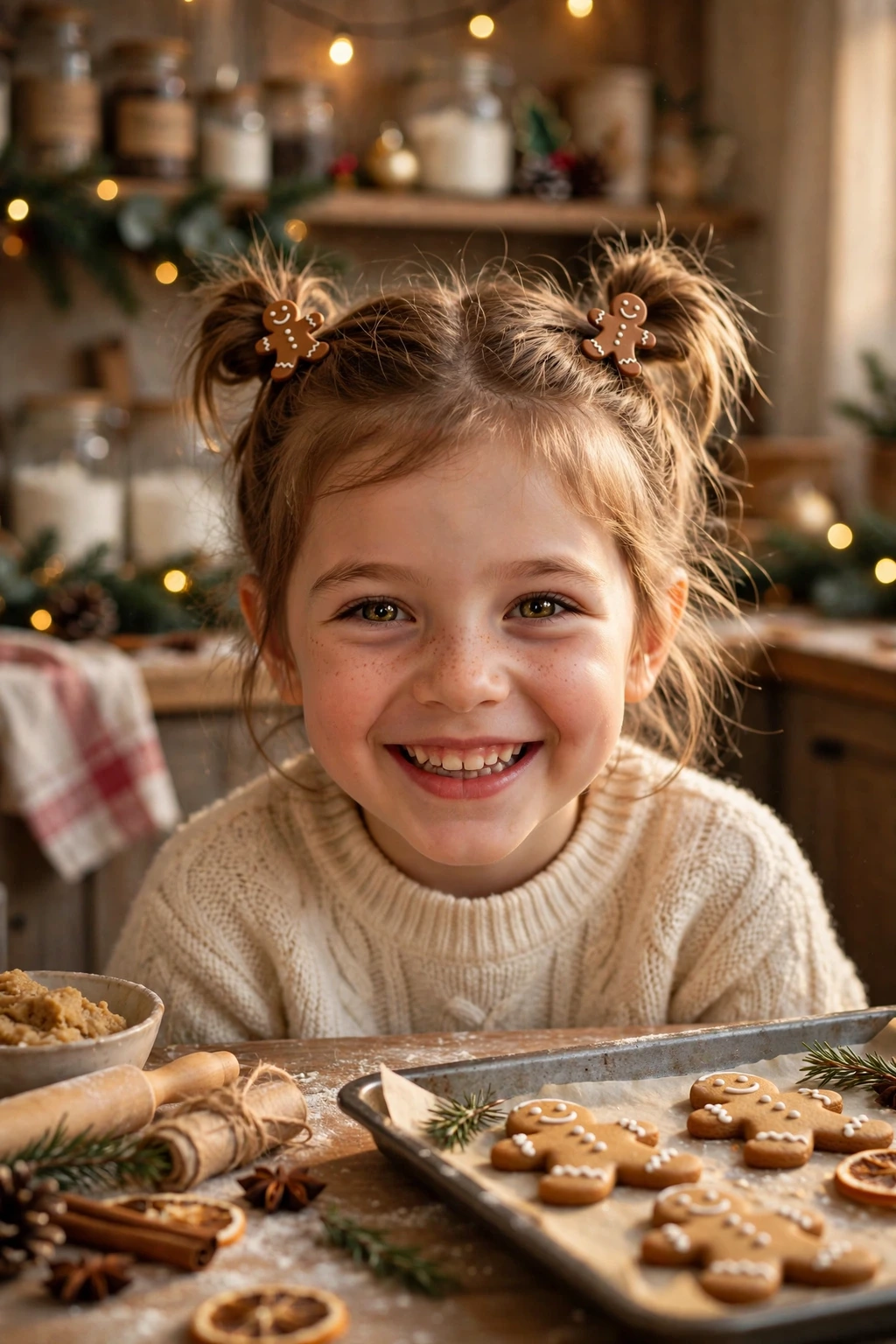 Child with gingerbread clip pigtails