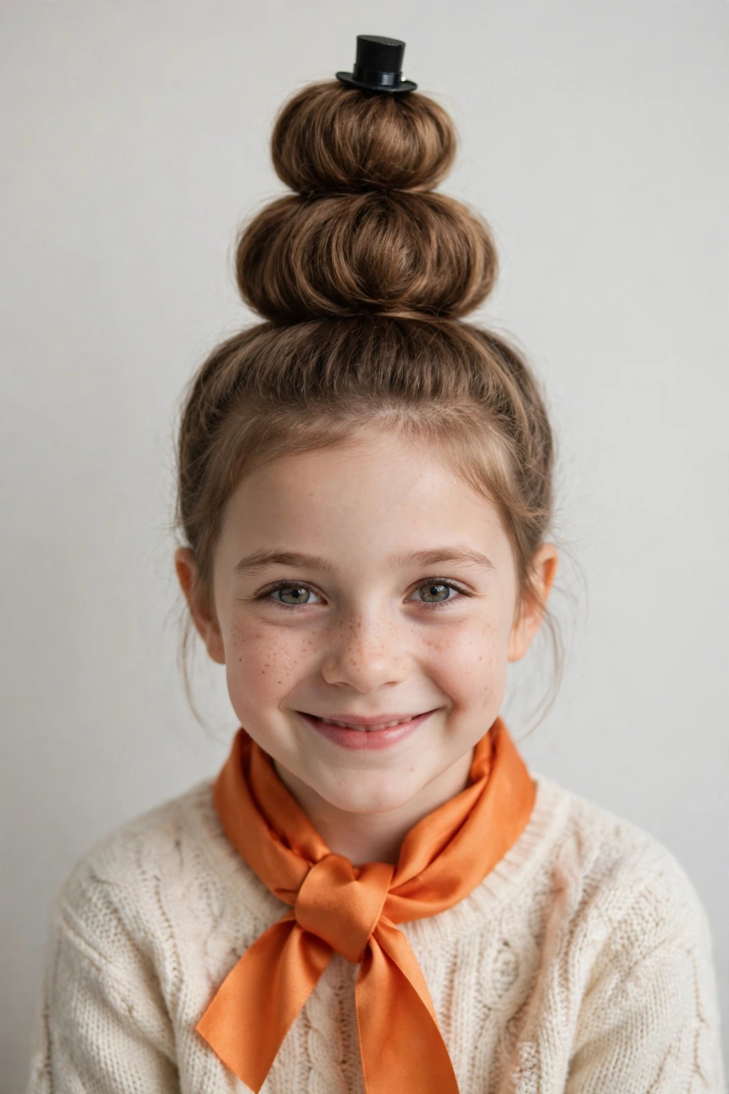 Child with snowman bun and top hat