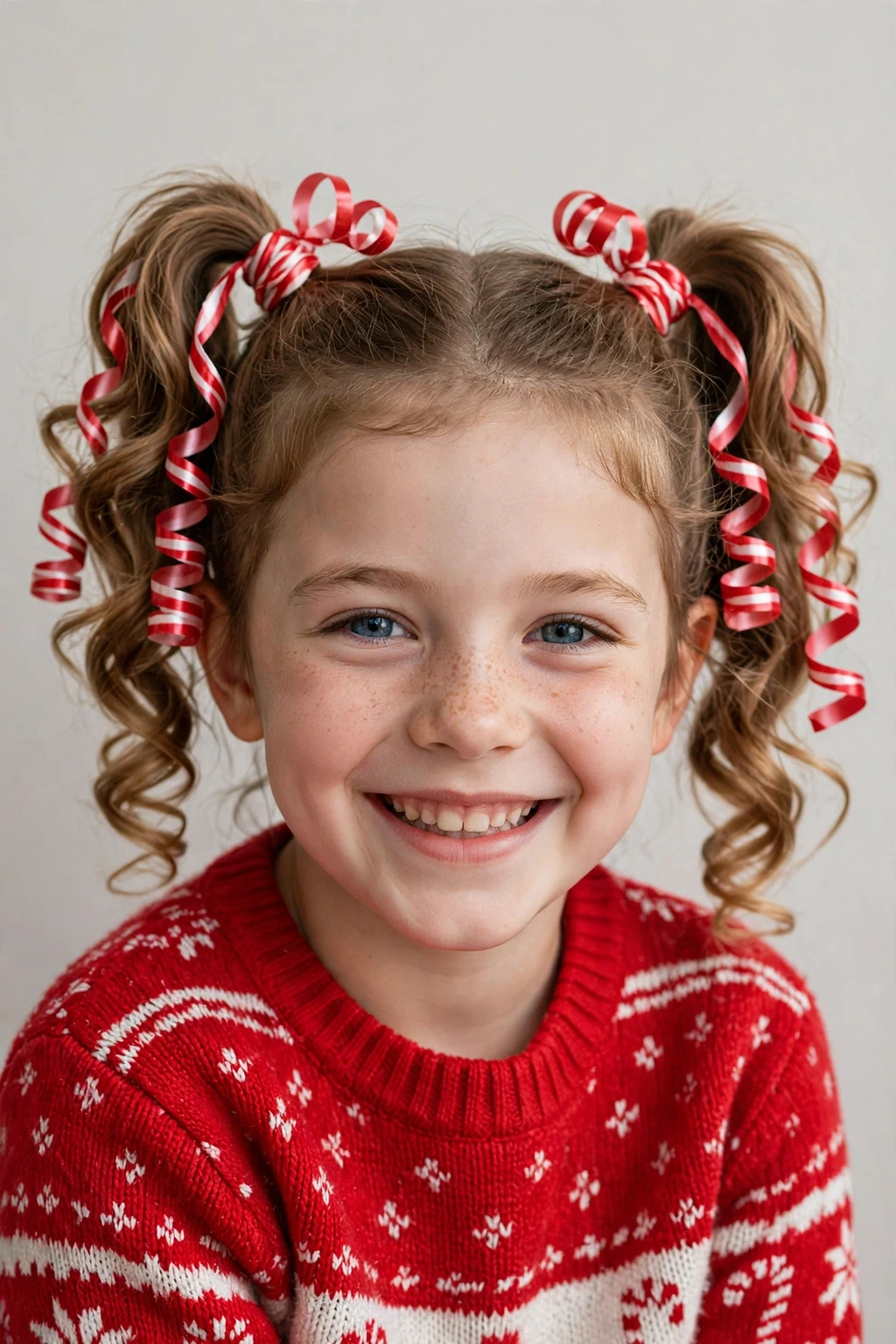 Child with peppermint ribbon ponytails