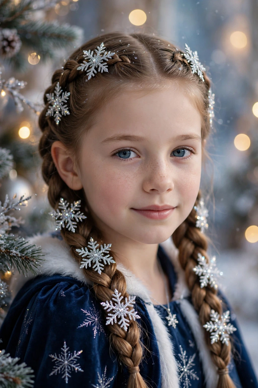 Child with snowflake clip braids