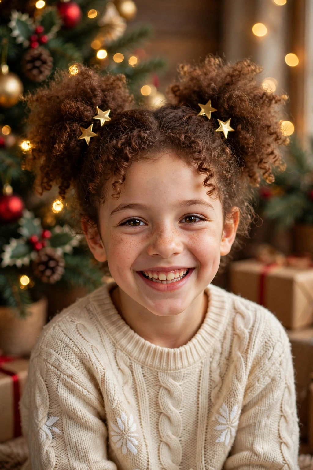 Child with curly puffs and star clips