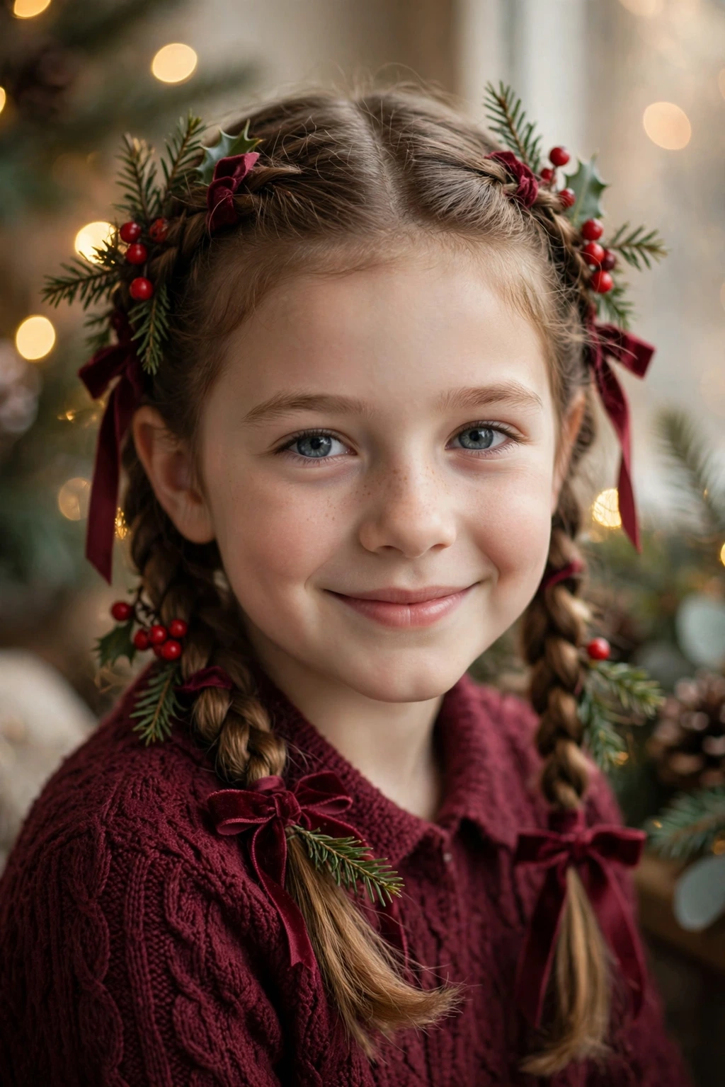 Child with winter berry braids