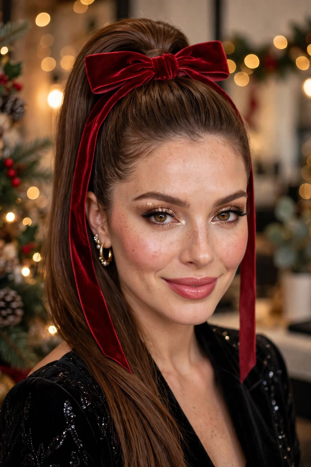 Ribbon-tied ponytail Christmas hairstyle