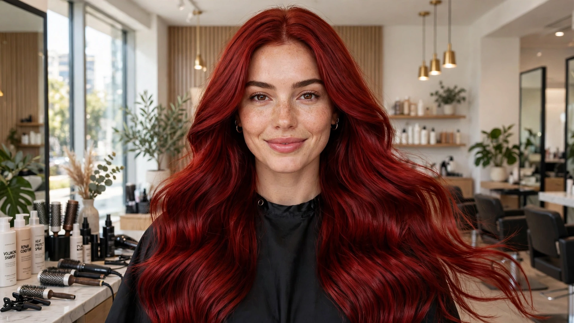 Woman with glossy cherry red hair