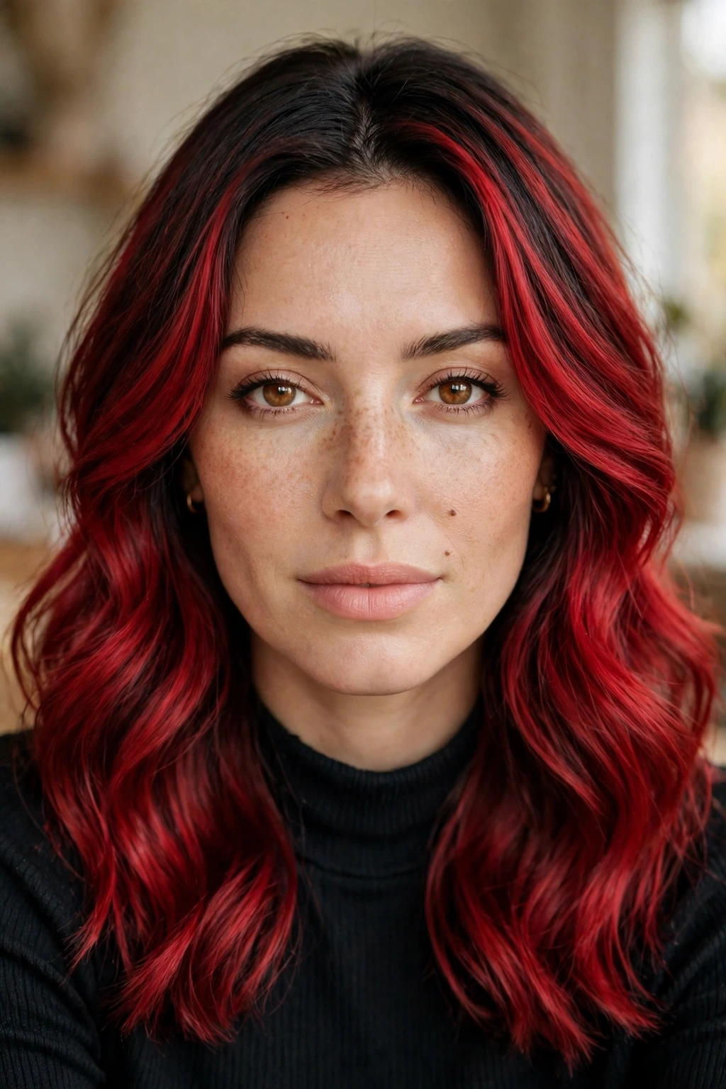 Cherry red balayage with dark roots