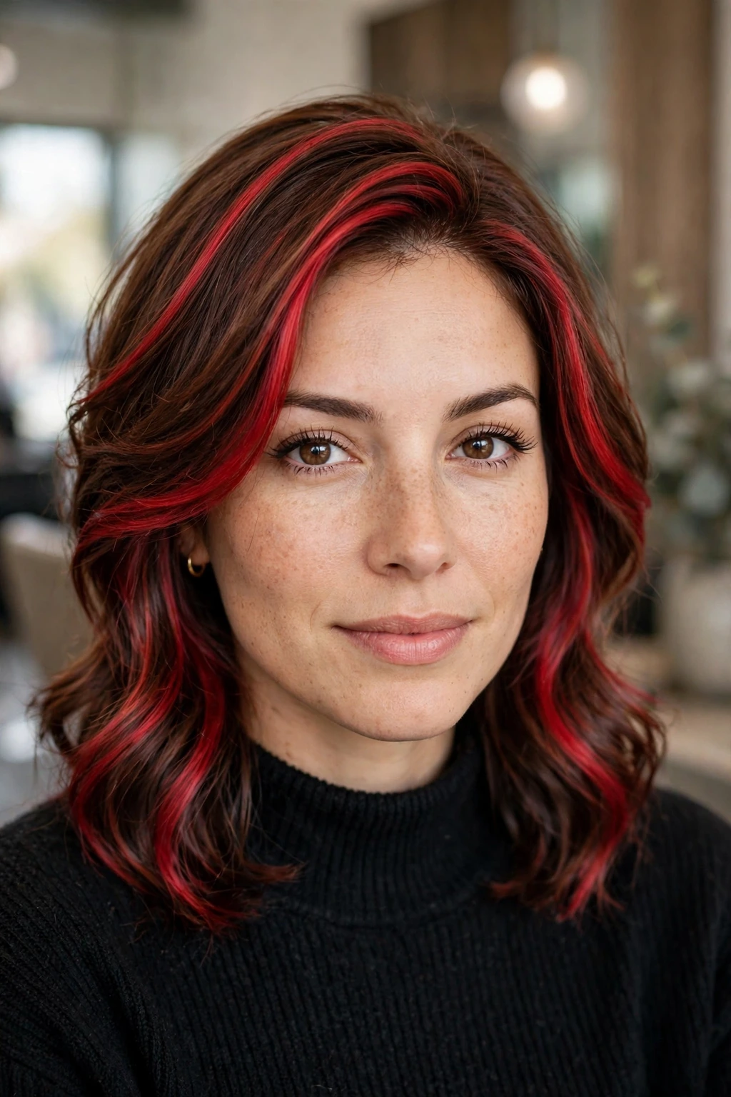Cherry red highlights on brown hair