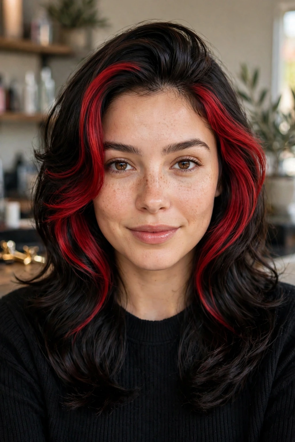 Cherry red money piece on dark hair