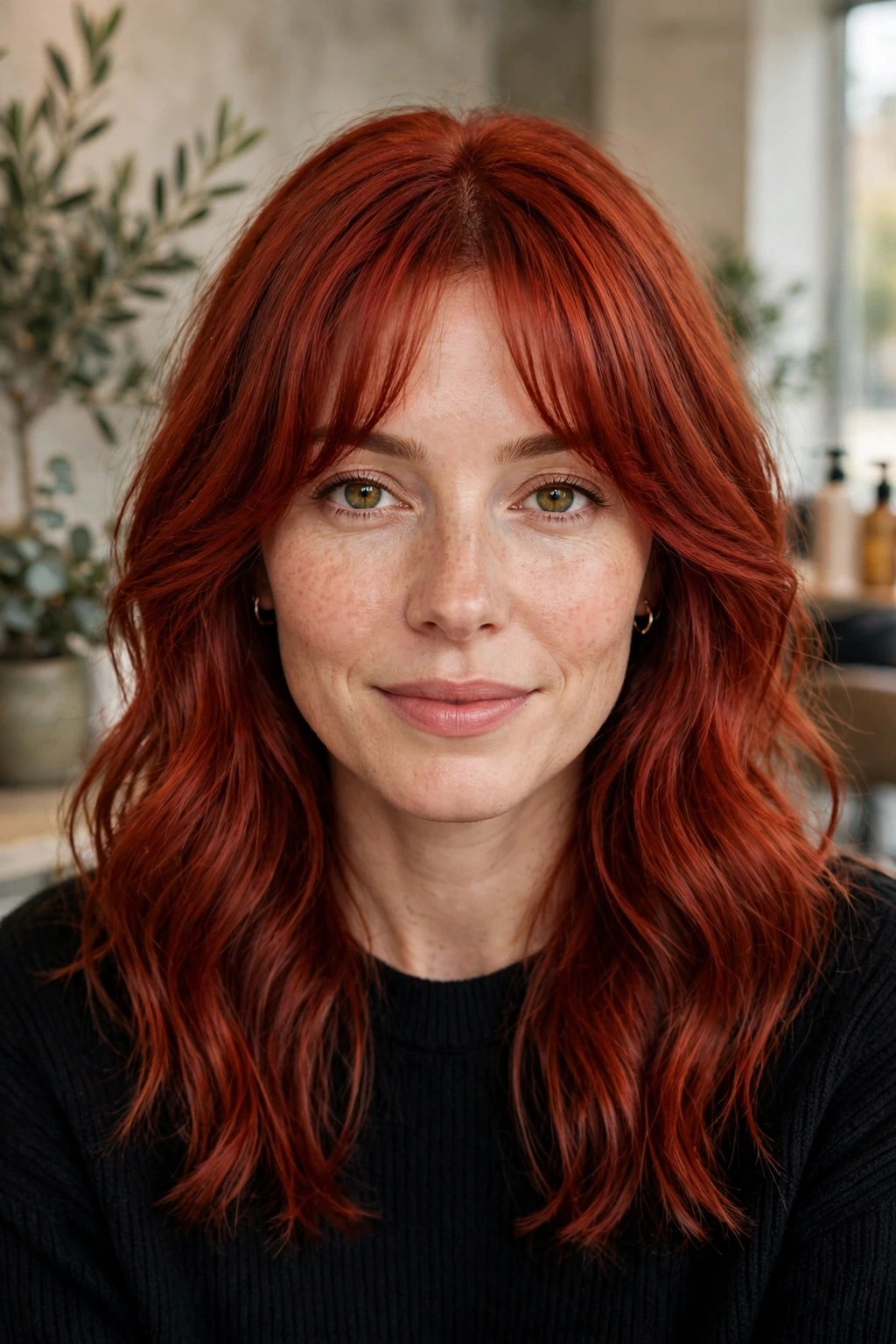 Cherry red hair with curtain bangs