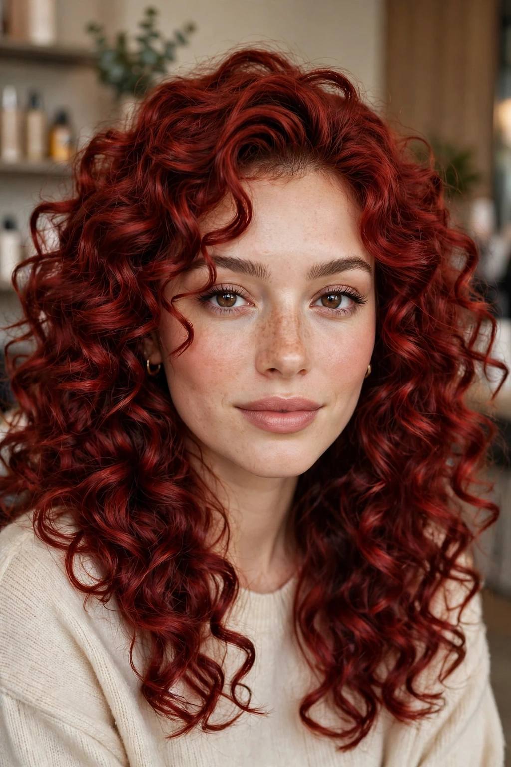 Voluminous cherry red curls