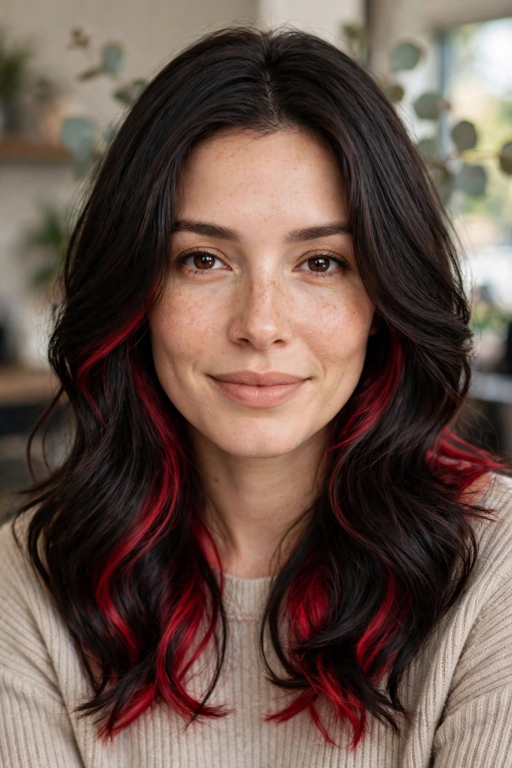Cherry red peekaboo color under dark hair