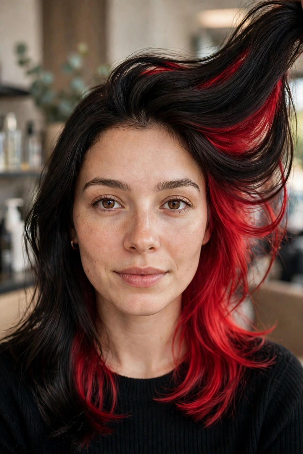 Cherry red underlights beneath dark hair