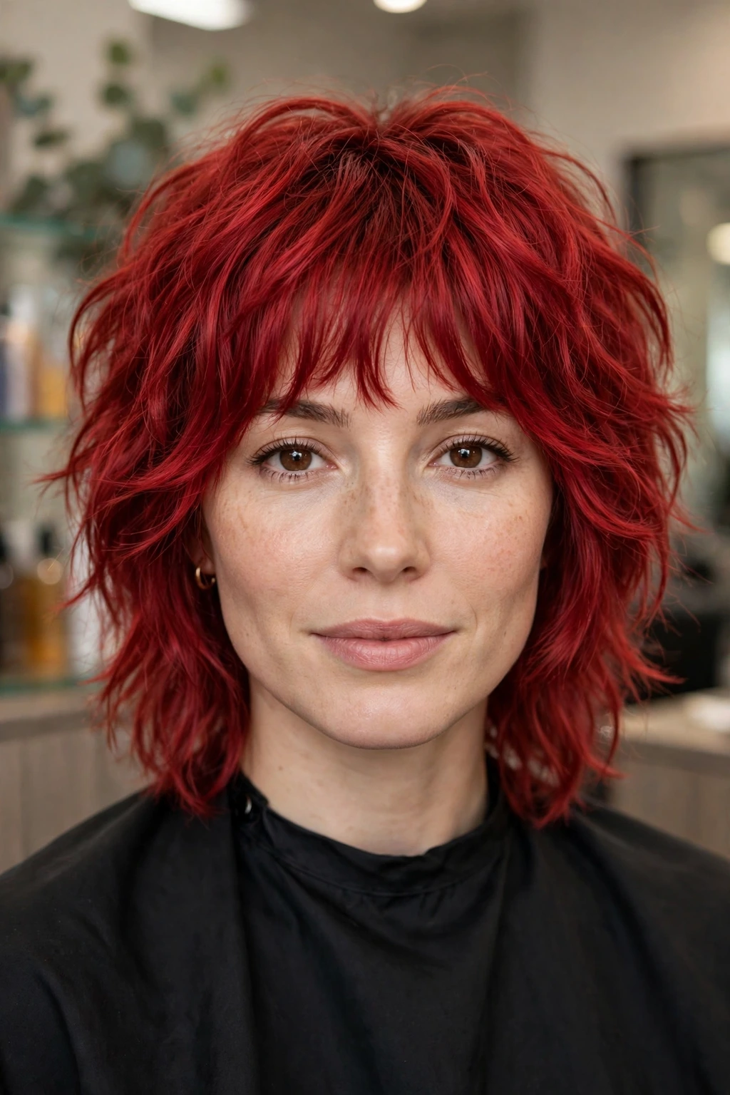 Textured cherry red shag haircut