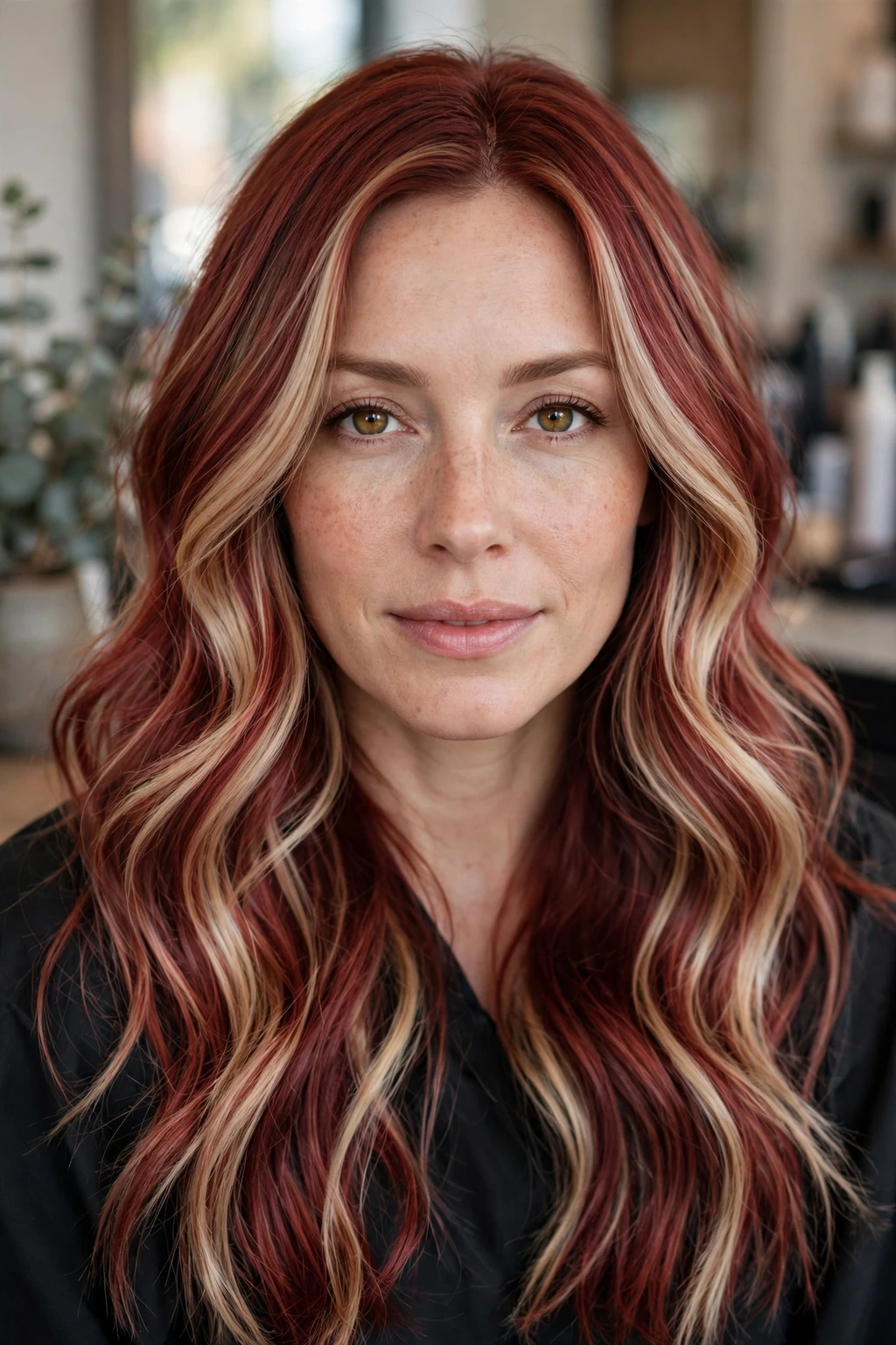 Cherry red and blonde blended hair