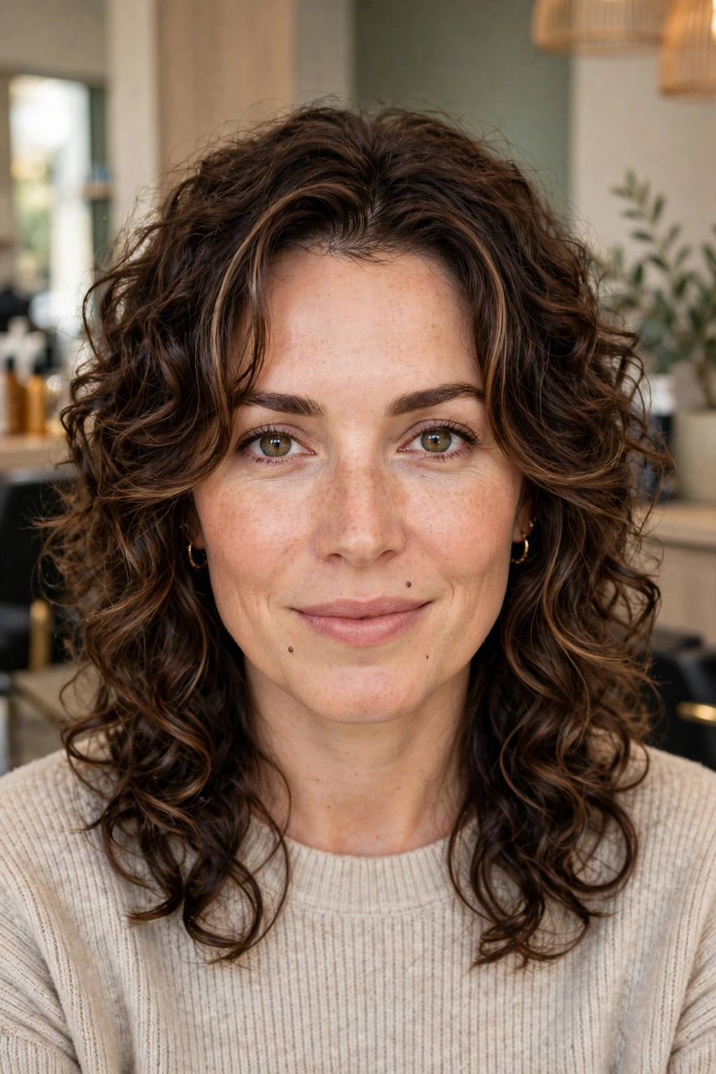 Curly hair with face framing layers