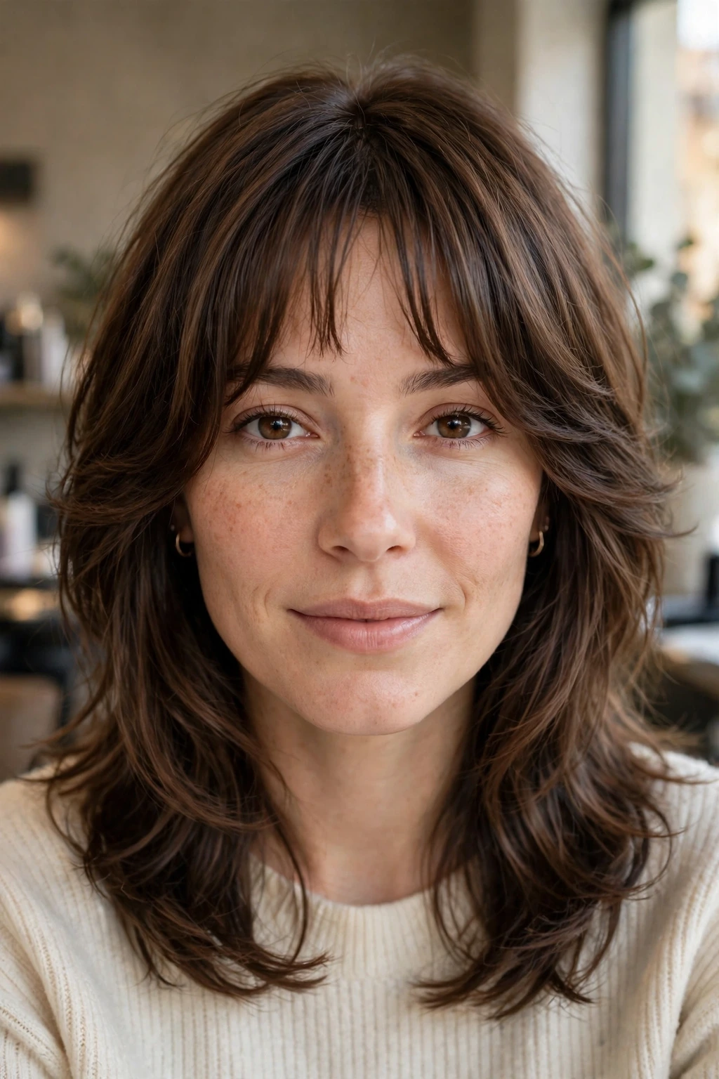 Bottleneck bangs with face framing layers