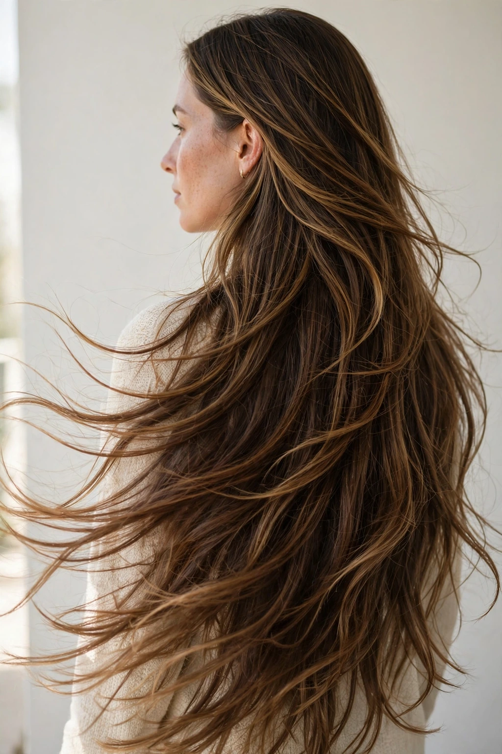 Cascading layered haircut with flowing ends