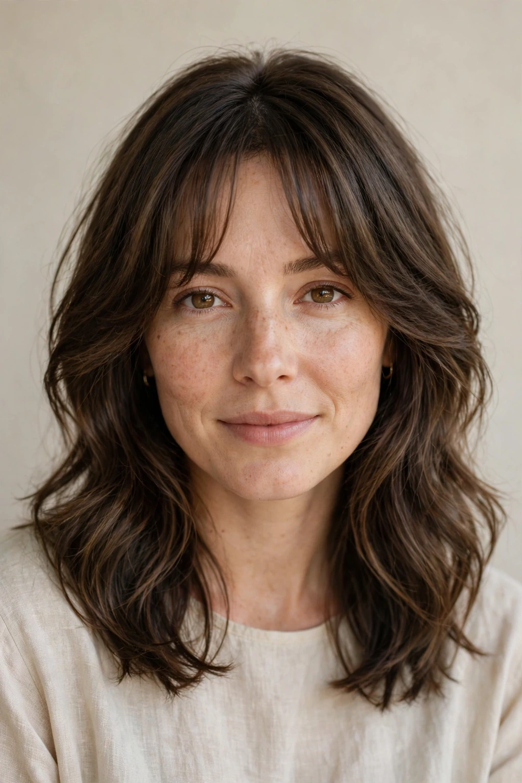 Layered hair with soft curtain bangs