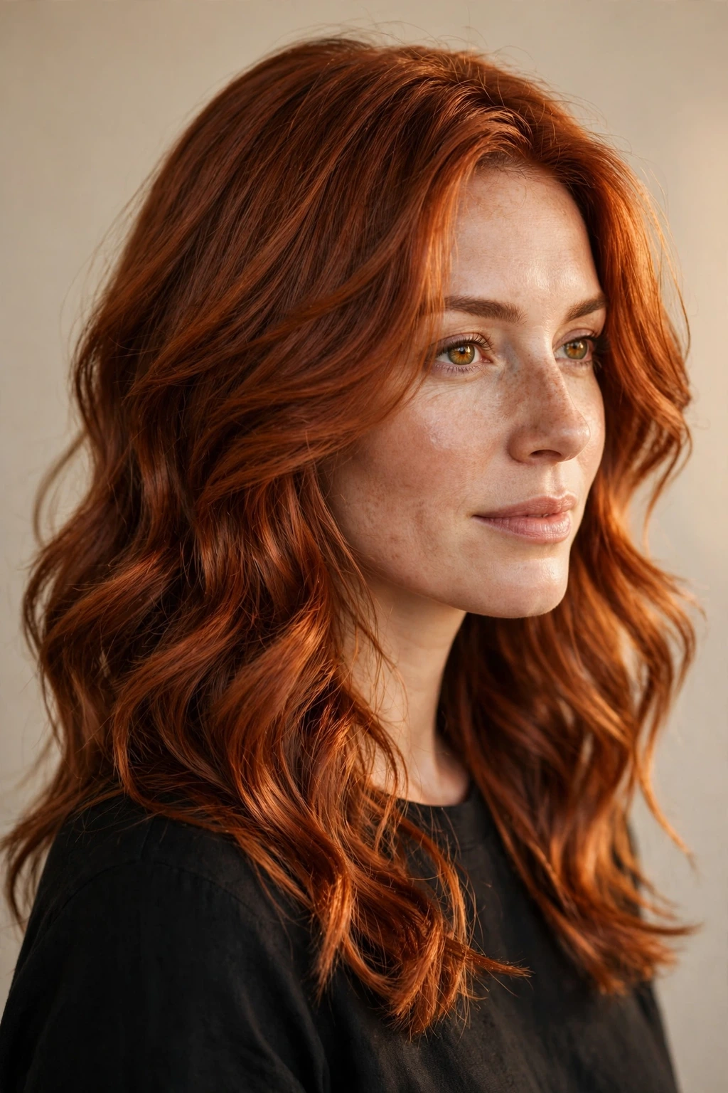 Copper layered wavy hair