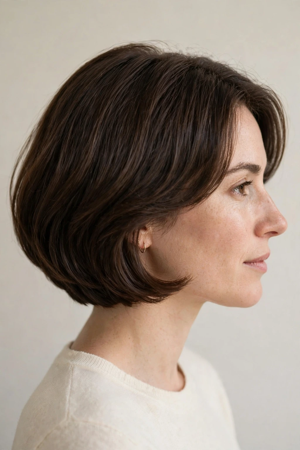 Rounded layered bob with crown volume