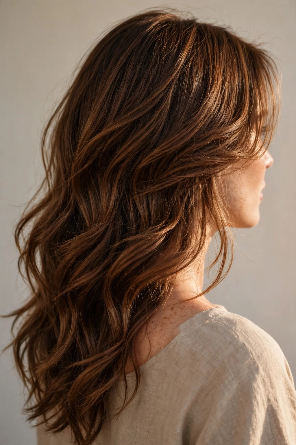 Flowing chestnut brown layered hair