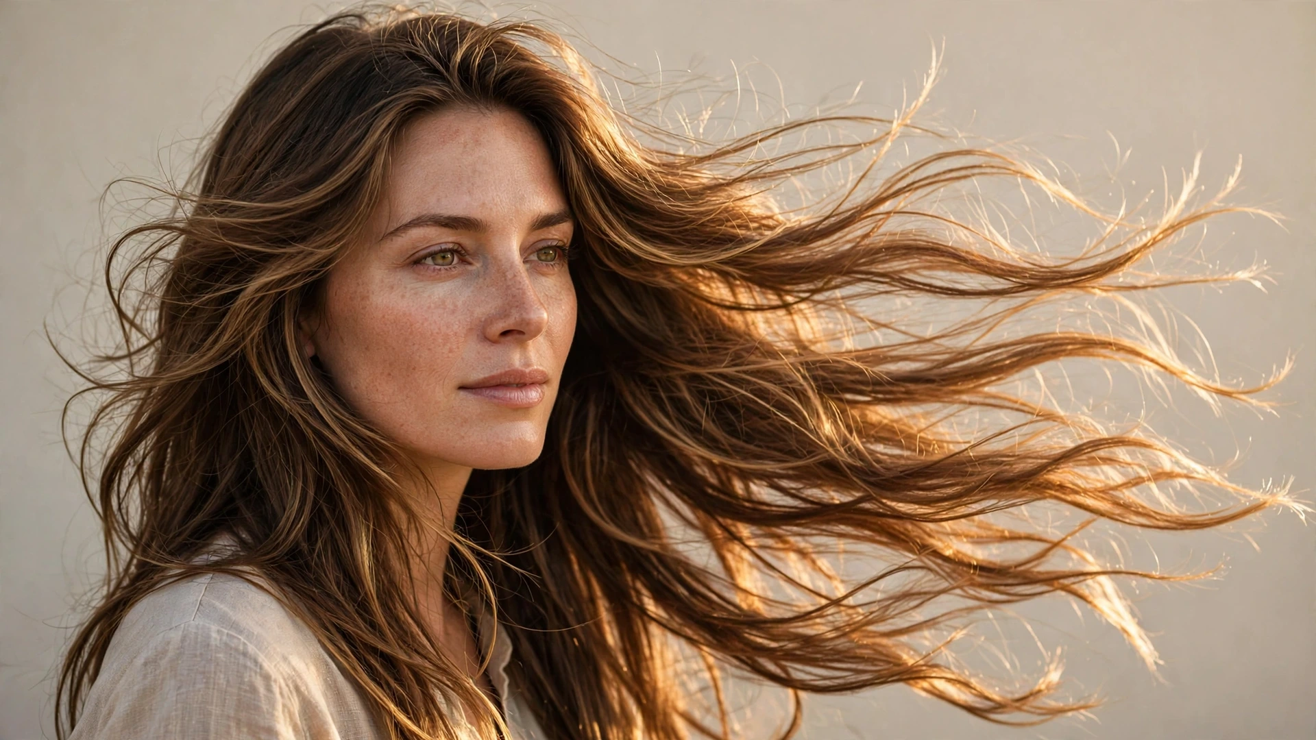 Woman with long flowing layered hair in motion