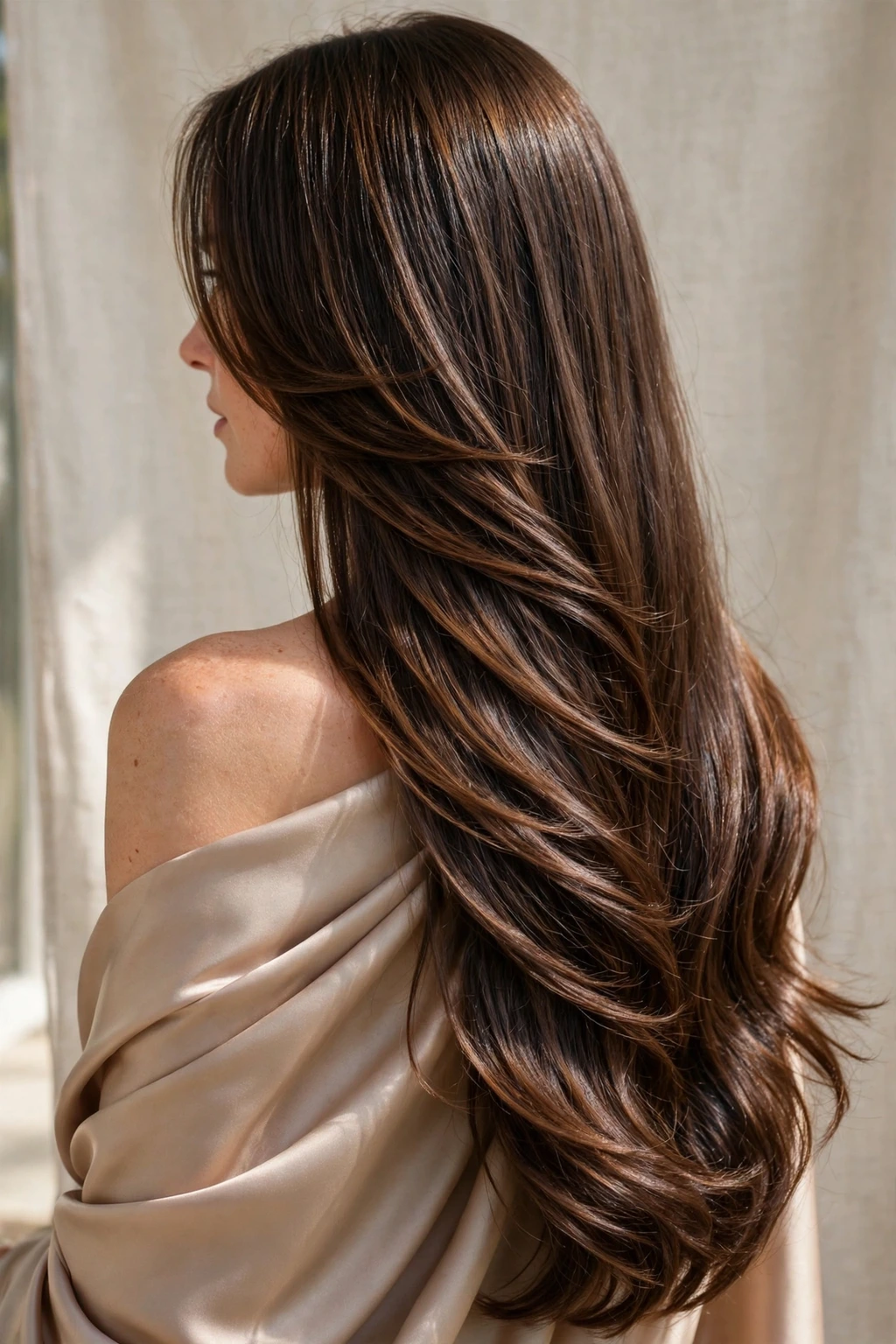 Glossy draped long layers