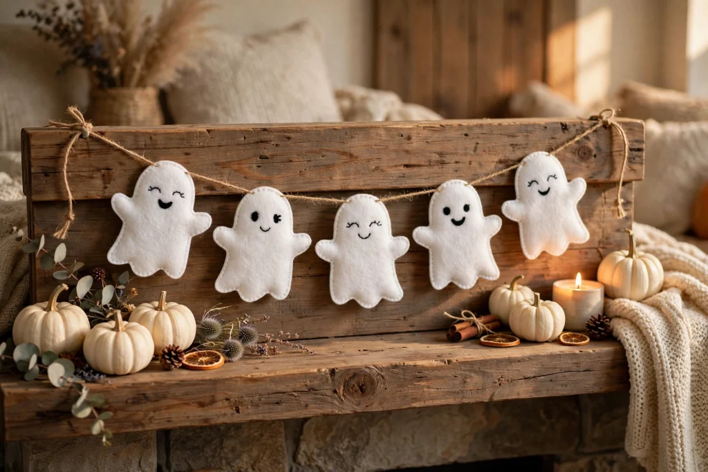 DIY white felt ghost banner hanging on a mantel