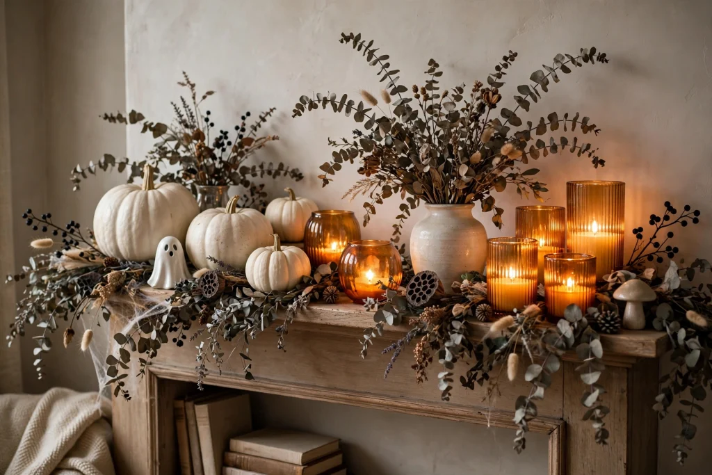 Halloween mantel with white pumpkins and amber glass candles