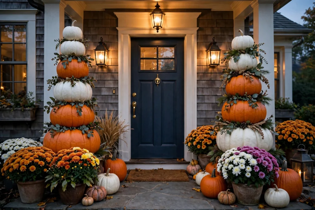 Pumpkin topiary flanking a front door with potted mums
