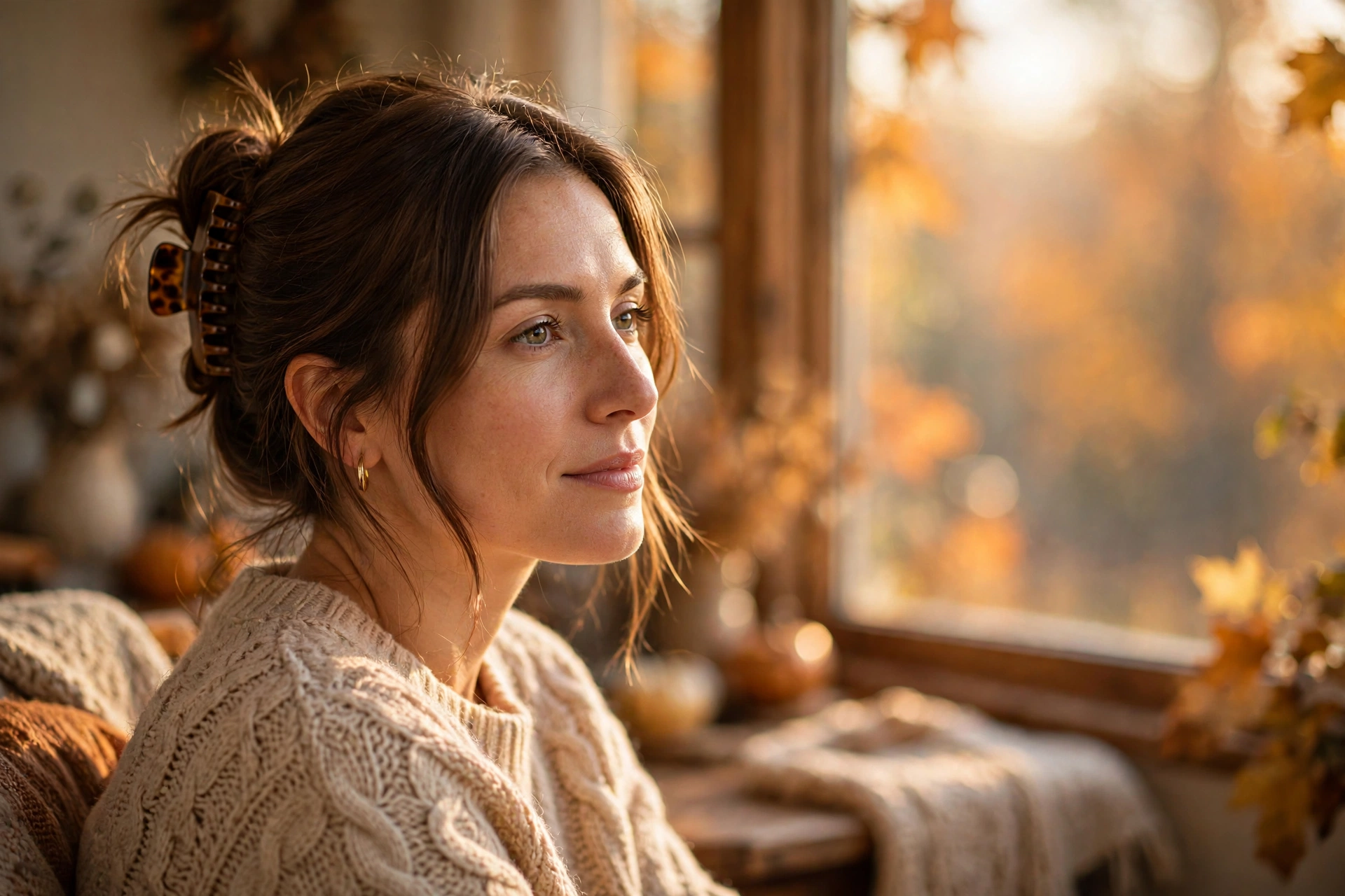 Woman with medium-length hair in a claw-clip twist for fall