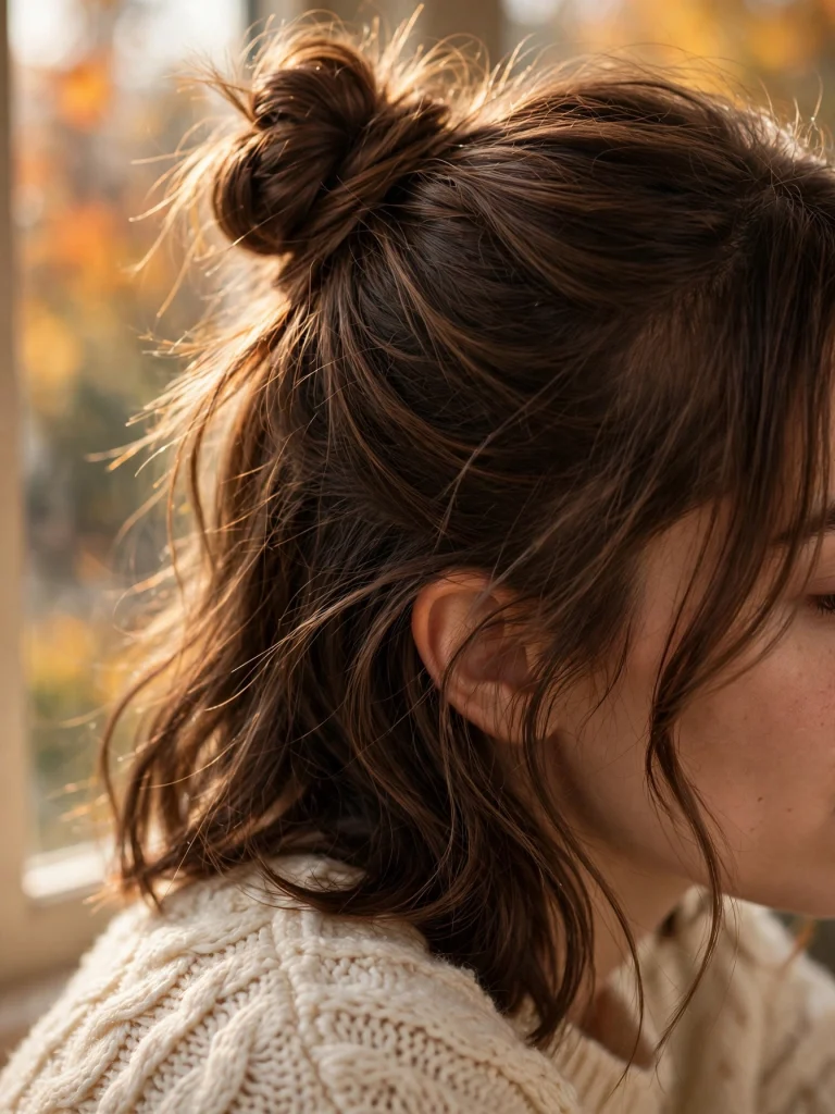 Half-up top knot hairstyle on medium-length brown hair