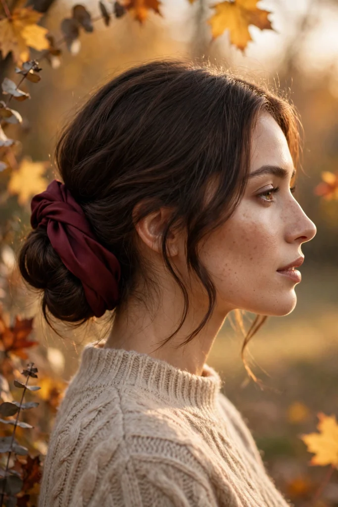 Low chignon bun wrapped with a burgundy silk scarf