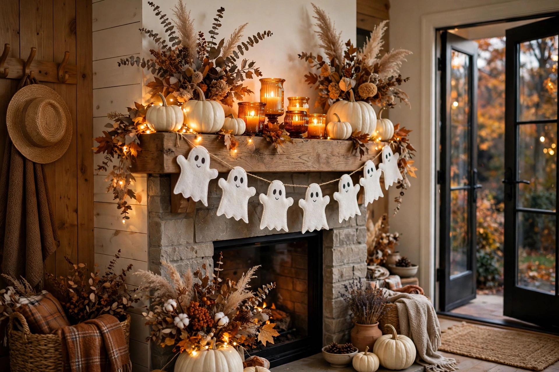 Cozy Halloween mantel with white pumpkins, amber candles and ghost banner